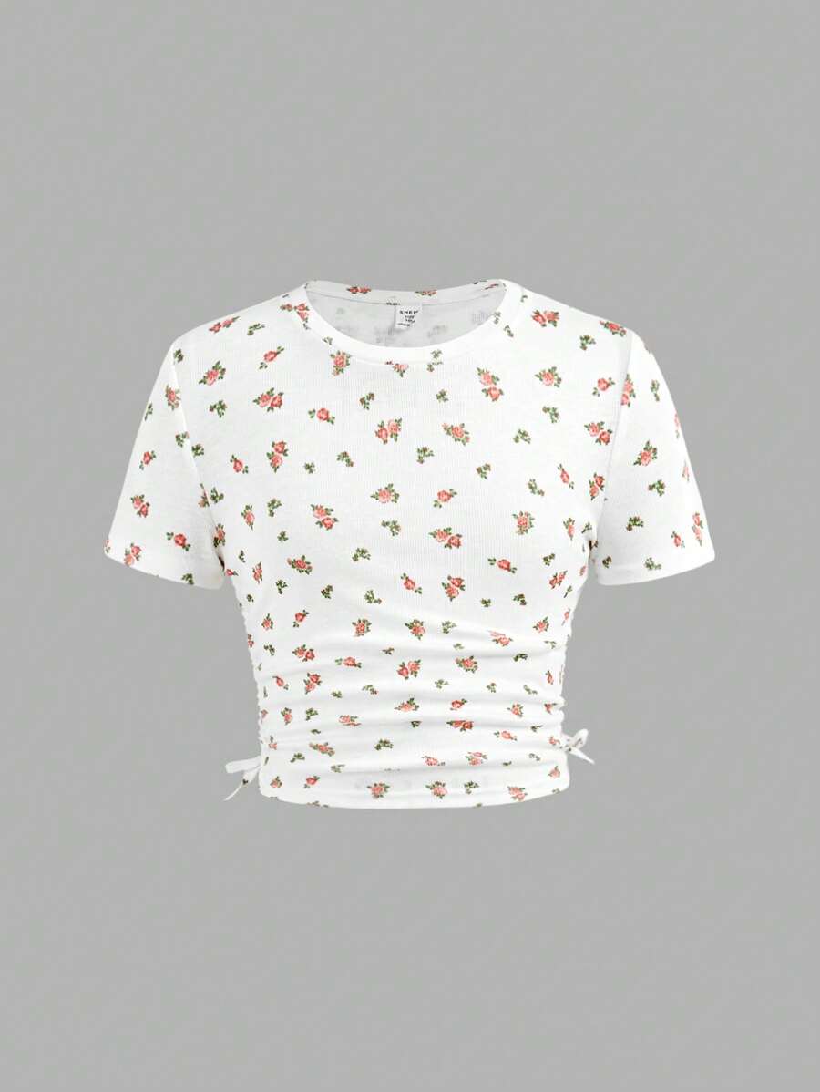 SHEIN Girlism Top de Malha de Manga Curta e Gola Redonda com Estampa Floral Delicada para Meninas Pré-Adolescentes, para Primavera e Verão