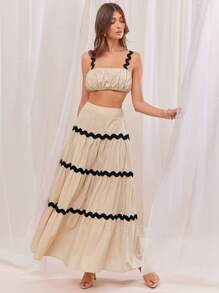 L'Amorae Summer Women Outfit, Beige Ruched Cami Top With Contrast Black Wavy Trims And Maxi Skirt - Apricot - View 1