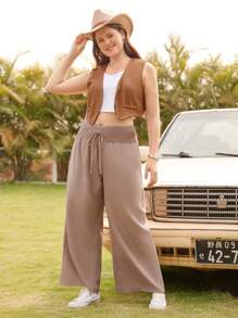 LanaWest Quần dài dệt cạp rộng màu nâu cỡ lớn cho nữ mặc thường ngày, mùa xuân/hè - màu nâu - Xem 5
