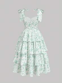 SHEIN MOD Plus Size Bowknot Shoulder Ruched Layered Ruffle Hem Green & White Floral Print Dress - Green - View 2