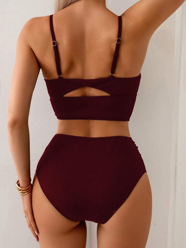 Swim SPRTY Women Summer Casual Vacation Textured Fabric High Waist Shorts Tummy Control Black Camisole & Bikini Swimsuit Set - Burgundy - View 5
