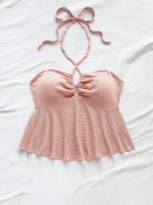 Soleia 全新纹理针织度假细肩带荷叶边吊带背心（黄色） - 粉色 - 查看 3