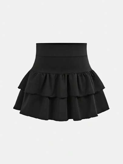 SHEIN Girlism Tween Girls Solid Color Knit Cute Ruffle Layered Built-In Shorts Mini Skirt, Y2K Fashion