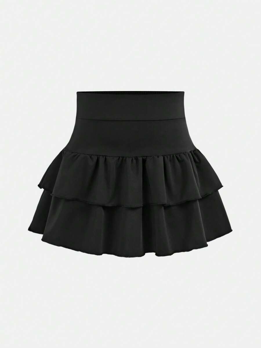 SHEIN Girlism 女童纯色针织可爱荷叶边多层内置短裤迷你裙，Y2K 时尚 - 黑色 - 查看 1