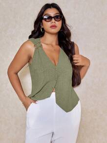 Elaquor Plus Size Women V-Neck Single Breasted Fashion Tank Top,Business Casual Woman - Army Green - View 5
