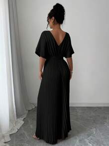 SHEIN PETITE 1 件纯色深 V 领蝙蝠袖褶皱优雅女式连体裤 - 黑色 - 查看 2