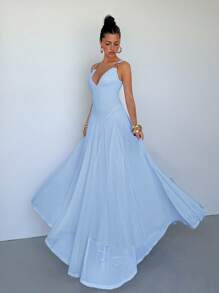 Aloruh 女士优雅深 V 形吊带连衣裙，金属装饰，A 字廓形，适合约会、派对、婚礼、毕业典礼 - 淺藍色 - 查看 6