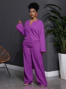 Slaydiva Conjunto de 2 piezas de talla grande para mujer de estilo occidental, con top de manga larga y pantalones de unicolor morado, cuello con muesca - Morado - Ver 6