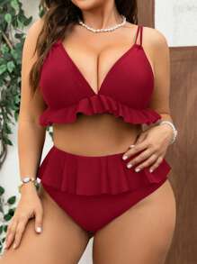 Swim Vcay Bộ bikini viền bèo nhún màu trơn cỡ lớn cho nữ - Màu Đỏ Sâu - Xem 1