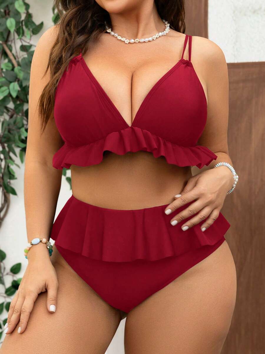 Swim Vcay Bộ bikini viền bèo nhún màu trơn cỡ lớn cho nữ - Màu Đỏ Sâu - Xem 1
