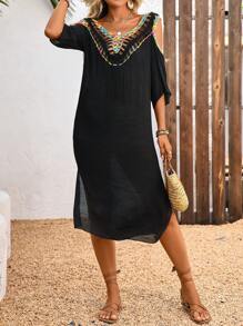 Breezaya Abito da donna con scollo aperto, dritto, con motivi a uncinetto traforati e patchwork, adatto per vacanza