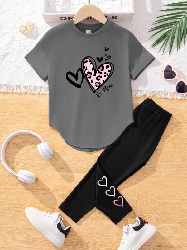 SHEIN 2pcs/Set Young Girl Casual Minimalist Letter & Heart Print Short Sleeve T-Shirt And Long Pants Set, Suitable For Spring/Autumn