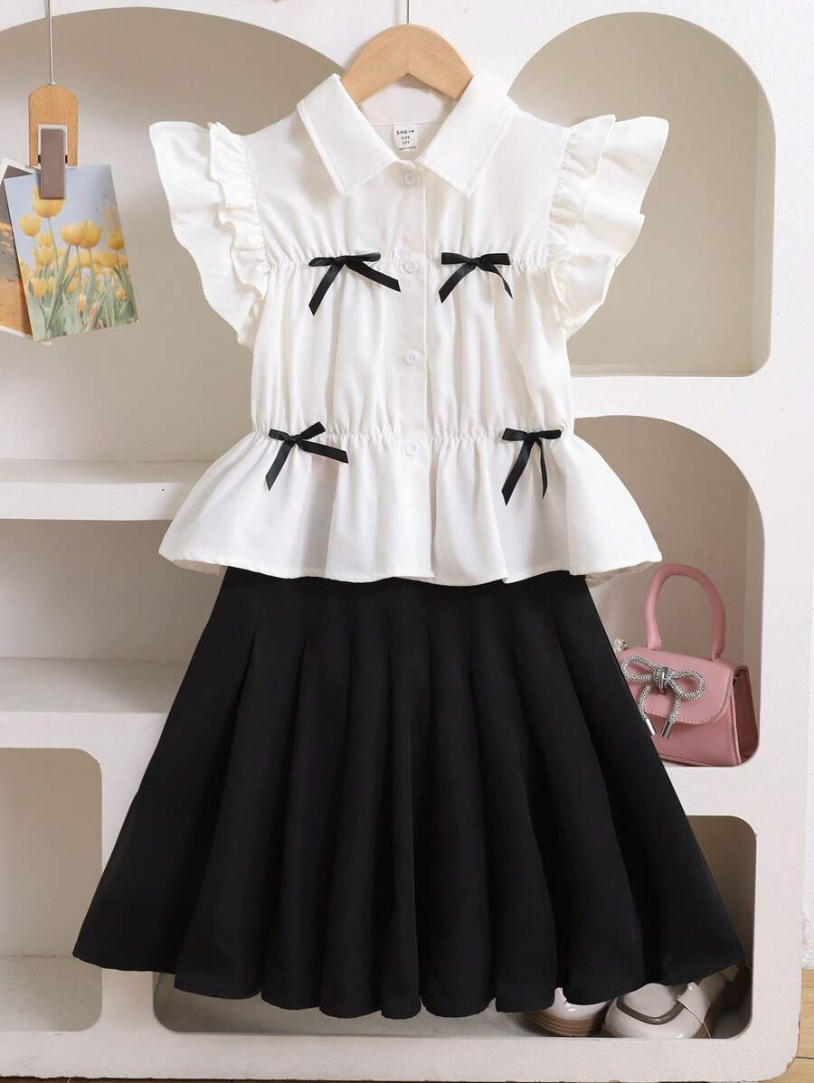 SHEIN Tween Girls' Cute Summer School Back-To-School Black And White 2 Pieces Set,Woven Cap Sleeve Bow Ruffle Trim White Blouse And Black Pleated Skirt - Black and White - View 1