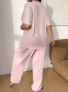 SHEIN Plus Size Solid Color Bow Decor Ribbed Knit Short Sleeve Top And Long Pants Pajama Set, Outfits - Pink - View 2