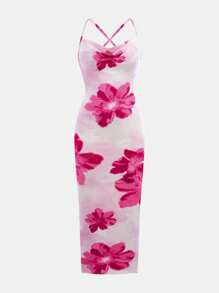 Girlism Teen Girl Casual Vacation Large Floral Print Draped Neck Backless Spaghetti Strap Hawaiian Dress Flower Dress