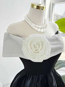 Franclia Abito da donna elegante con contrasto di nero e bianco, decorato con fiori, camisole a-line, adatto per compleanni, lauree, concerti, discoteche, nuova collezione primavera/estate