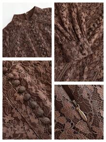 Anewsta Women's Floral Lace Stand Collar Long Sleeve Elegant Spring Mini Dress