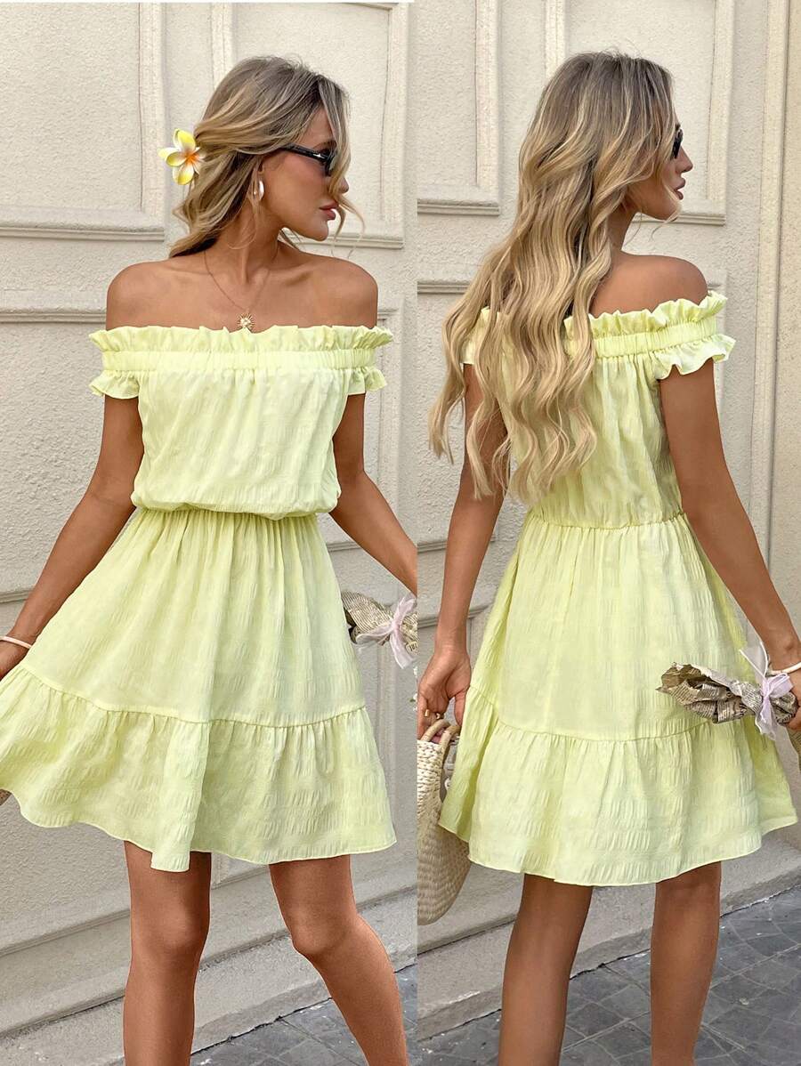 SHEIN LUNE Pale Yellow Summer Boho Vacation Holiday Butter Yellow Easter Dress,Off-Shoulder Short Dress For Women,Cute Graduation Wedding Guest Derby - Yellow - View 1