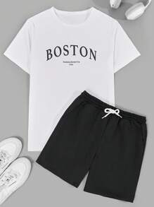 RueChic Ensemble t-shirt à manches courtes et short pour hommes avec taille à cordon et poche, imprimé lettres