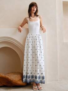 SHEIN LUNE Women's White Polka Dot Embroidered Cami Dress,Summer Elegant Vacation Long A-Line Dress,Waist-Cinching Shirred Ruffle Hem Casual Beach Resort Wear - White - View 6