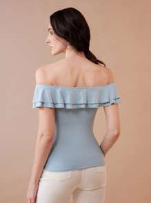 Chiquease Wedding Season Off Shoulder Blue Ruffle Twist Form-Fitting Sexy Top - Blue - View 2