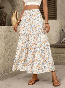 Breezaya Women's Floral Printed Skirt Vacation Beach Skirt - Orange - View 5