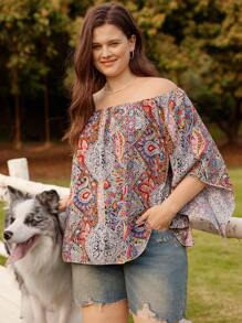 LanaWest Damen Große Größen Bluse mit Off-Shoulder, weitem, schmeichelhaftem asymmetrischem Ditsy Blumenmuster - Verschiedenfarbig - Übersicht 4