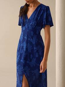 Lilora Váy midi tay bèo cổ chữ V họa tiết hoa jacquard dành cho nữ, thanh lịch mùa xuân/hè - Màu xanh hải quân - Xem 4