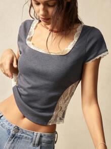 Bohemela Summer BOHO Casual Solid Color Knit Contrast Lace Fitted Short Sleeve Crop Top For Women
