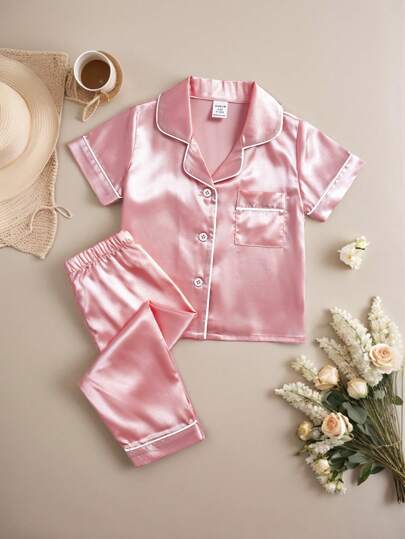 2pcs Baby Girl' Spring & Summer Solid Color Baby Pink Satin Pajamas Short Sleeve Top & Pants Casual Comfortable Pajamas Set Summer Pj Sets Baby Satin Pajamas Sets For Baby Girl