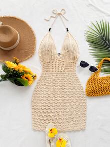 Soleia 大码性感细肩带 V 领镂空珠饰修身针织连衣裙，度假细肩带露背渐变色连衣裙，适合度假、约会、下午茶、音乐节、波西米亚风