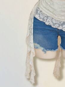 SHEIN ICON 大码女式休闲音乐节露肩网眼荷叶边不对称下摆上衣