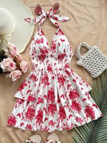 Soleia 度假夏季露背分层束腰休闲连衣裙 - 紅白色 - 查看 6