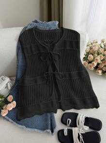 SHEIN Privé Plus Size Casual Vacation Front Tie Crochet Oversize French Cardigran Short Sleeve Sweater For Women - Black - View 3