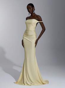 Elitara 优雅、浪漫、性感的极简主义无袖短款上衣，浅绿色针织松紧带，编织绳装饰，露背，修身，高开衩，时尚，网红风格，适合节日、派对、婚礼、伴娘礼服 - 芥末黃 - 查看 5