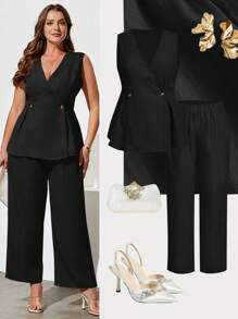 SHEIN Clasi Plus Size Elegant Office Wear Solid Color Vest & Pants 2 Pieces Set,Summer Outfits For Women - Black - View 2