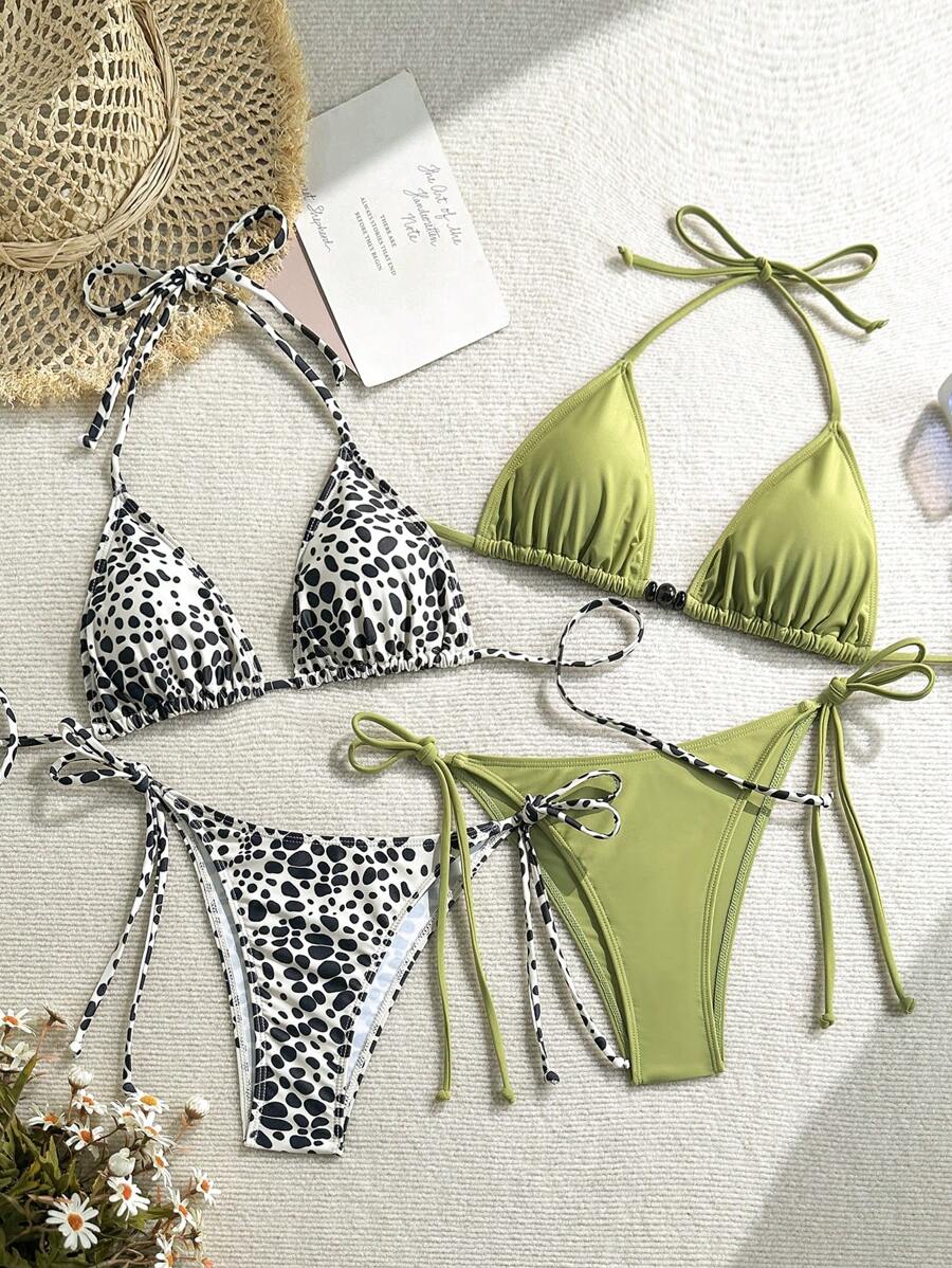 Soleia 4pcs/Set Women Swimsuit, Leopard Print Pattern Retro Romantic Elegant Sexy Party Solid Color, Includes Halter-Neck Swimsuit Top And Tie-Side Bikini Bottom - Multicolor - View 1