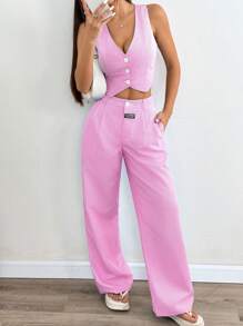 Solflare Rose Red Vest With Pants Sheer Plus Size Suit Set,Business Casual Woman In Fall/Winter - Hot Pink - View 4