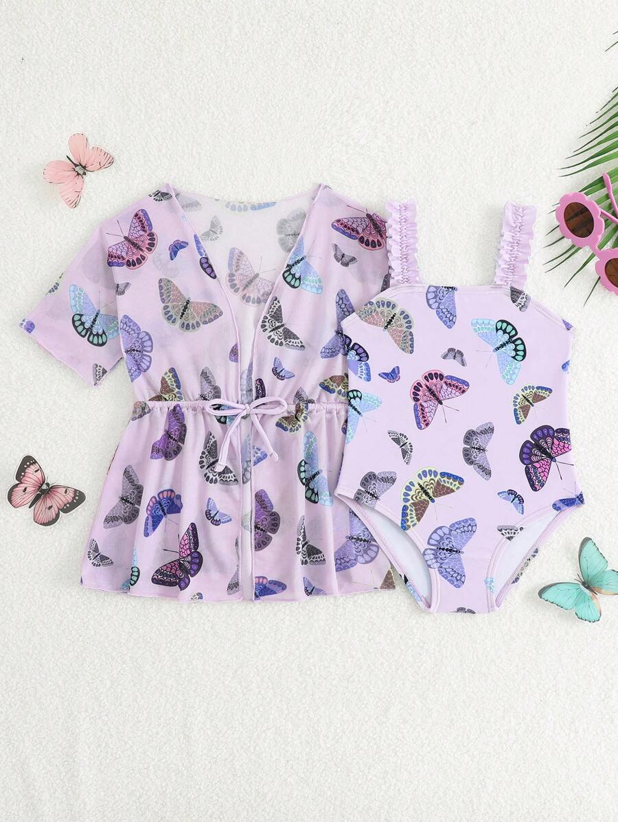 Baby Girls Butterfly Print 1-Piece Swimsuit With Cover-Up, Suitable For Summer, Beach - Multicolor - View 1