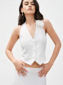 SHEIN Privé 优雅通勤 3D 花卉性感镂空系带领褶饰高腰大下摆半身裙 2 件套女士 - 白色 - 查看 3
