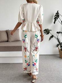 SHEIN LUNE Bộ 2 áo sơ mi ngắn tay phồng in hoa buộc phía trước và quần ống rộng cho nữ, Xuân/Hè - Nhiều màu - Xem 2