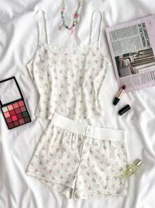 SHEIN Conjunto de 2 piezas de camisola con lazo y encaje con estampado floral diminuto, y shorts de cintura alta, estilo clean girl/bm, primavera y verano para chicas adolescentes, color azul marino - Rosa - Ver 3