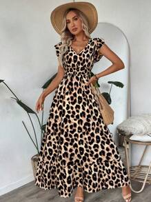 SHEIN LUNE Vintage Leopard Print Shirred Cap Sleeve Cinched Waist Ruffle Hem A-Line Maxi Dress, Casual Vacation Elegant Outing Dress For Women Leopard Dress,Sun Dresses For Women