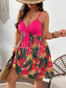 SHEIN VCAY 大码女式热带植物印花系带吊带连衣裙