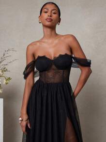 L'Amorae Vestido largo de noche sexy y elegante con hombros descubiertos, detalles de encaje y doble abertura lateral para invitados de boda - Negro - Ver 5