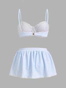 Swim Mod Miu Style Blue And White Striped School Style A-Line Pleated Skirt & Cute Chic Swimsuit Set - Blue and White - View 2
