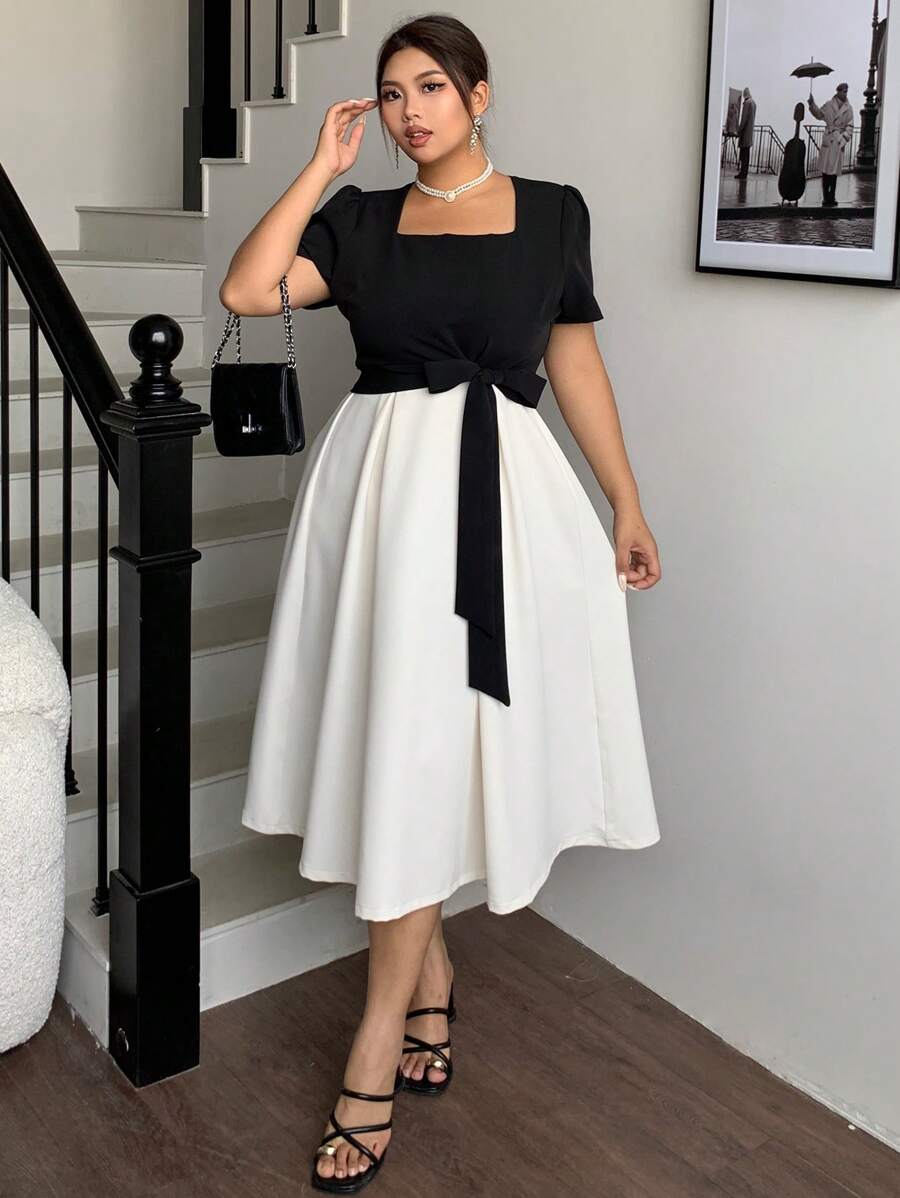 Dazy Plus Plus Size Color Blocking Cinched Waist Short Sleeve A-Line Hem Elegant Summer Dress - Apricot - View 1