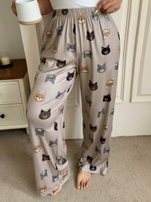 Dazy Plus Cute Animal Print Elastic Waist Loose Pajama Pants, Home Sleepwear Bottom