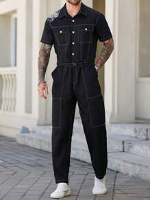 Manfinity Homme Men's Flap Pocket Drawstring Waist Shirt Jumpsuit Overall Men Men S Overall Men S Overalls Overalls For Men Men S Jumpsuit