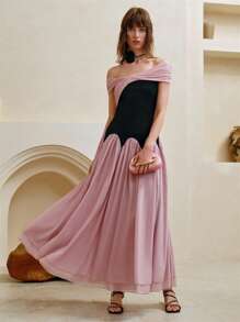 SHEIN LUNE Women's Chiffon Elegant Color Block Off Shoulder Maxi Dress ,Pink Dress,Summer Dresses,Sun Dresses	Black Dresses,Birthday Outfit,Graduation,Party - Pink - View 3